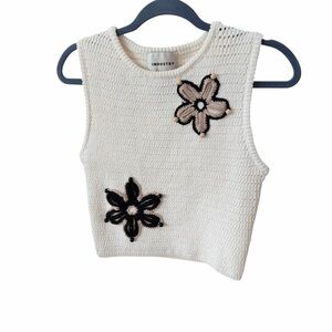 Industry Women's Cream Sleeveless Sweater Tank with Black Floral Design